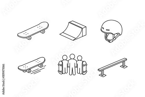 Skateboarding basics: helmet, ramps, and tricks in minimal line art