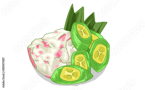 a cartoon illustration of a green banana ice and white Rice porridge and pandan leaves. Traditional food