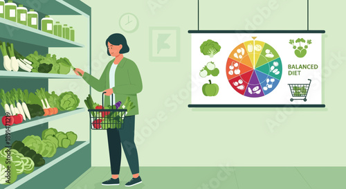 Woman Shopping for Vegetables in Supermarket Aisle with Diet Chart.