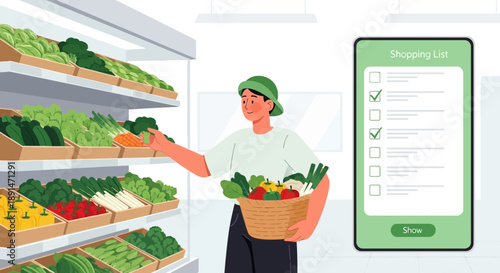 Woman Shopping for Vegetables with Digital List at Grocery Store.