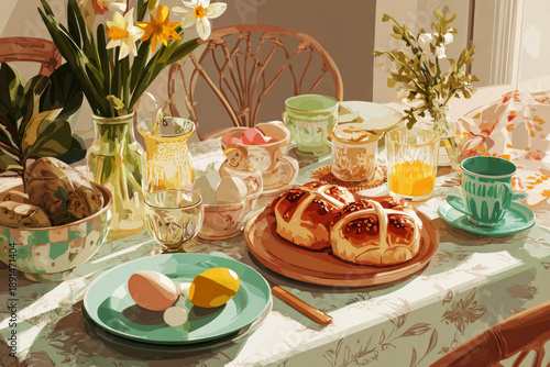 A table is set for an Easter brunch featuring pastel dishes, decorated eggs, hot cross buns, and spring flowers. The scene reflects a 1960s illustration style and joyful celebration