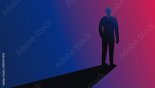 Illustration of a man’s silhouette set against a dramatic red and blue gradient background, conveying mystery, identity, emotion, contrast, and abstract conceptual themes in modern digital artwork