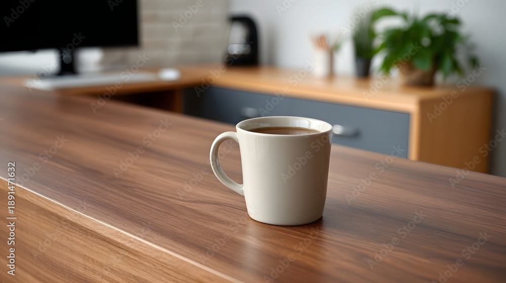 Fototapeta premium A beige mug of coffee sits on a modern wooden desk in a blurred office setting