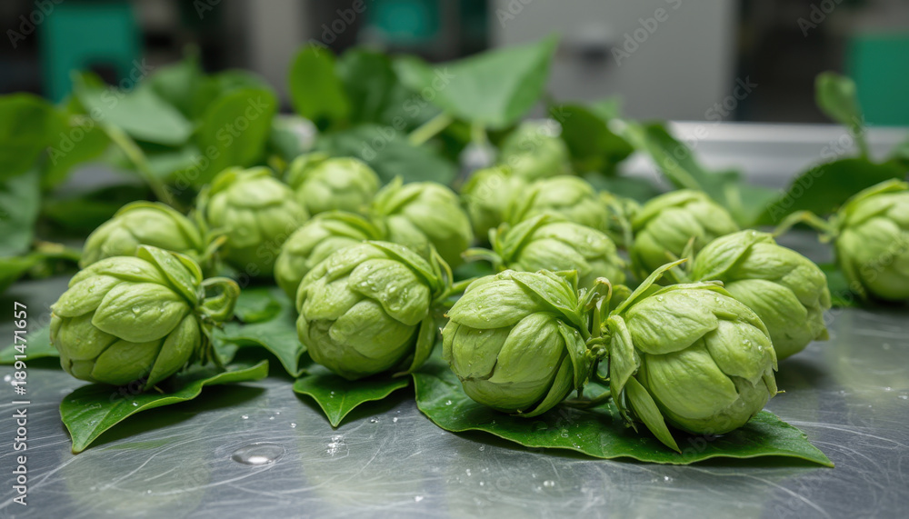 Obraz premium Fresh green hop cone brewery harvest agriculture plant on stainless steel table, closeup of aromatic ingredients for beer production, natural texture, clean food processing