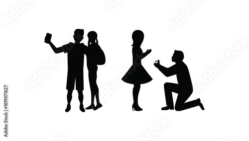 Romantic black silhouettes depicting a marriage proposal and a couple standing together, symbolizing love, commitment, relationship milestones, and emotional connection in a timeless minimal vector