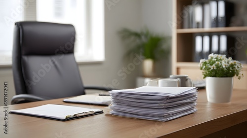 Wallpaper Mural A busy manager s desk covered in paperwork in a modern office  long title A cluttered but organized manager s desk covered in stacks of documents and Torontodigital.ca