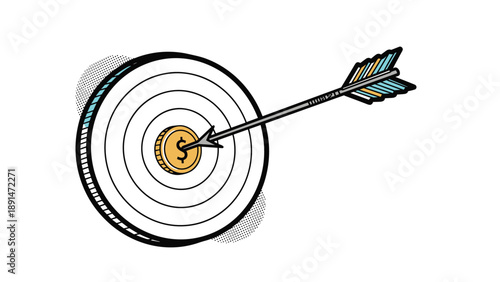 Arrow hitting a gold coin right in the center of a bulls eye target for business success and financial goals.