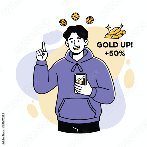 Line illustration of a young investor successfully trading gold and pointing at market growth.
