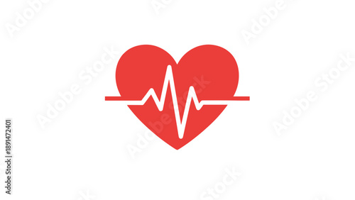 Bright red heart icon features a white electrocardiogram heartbeat line, symbolizing life, health, love, and medical care.