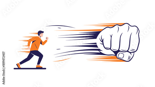 Determined man runs away from a giant clenched fist, illustrating concepts of overcoming pressure, conflict, or struggle.