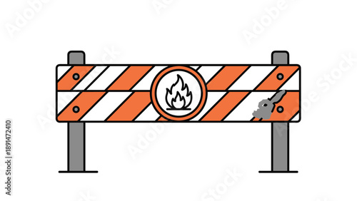 Construction barrier with orange stripes and a circular fire warning symbol indicates a dangerous area or active hazard.