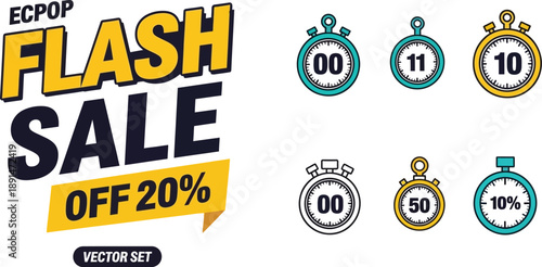 Vector set graphic design featuring a bold flash sale announcement with twenty percent off alongside various colored stopwatch timer icons.