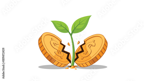 Green plant sprout emerges from the middle of a broken gold dollar coin, symbolizing environmental growth over money.