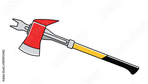 Professional firefighting axe with a red head and a yellow handle is shown in a clean and detailed illustration style.