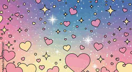 Cute magical repeating pattern featuring pastel hearts and sparkling stars against a colorful twilight gradient background