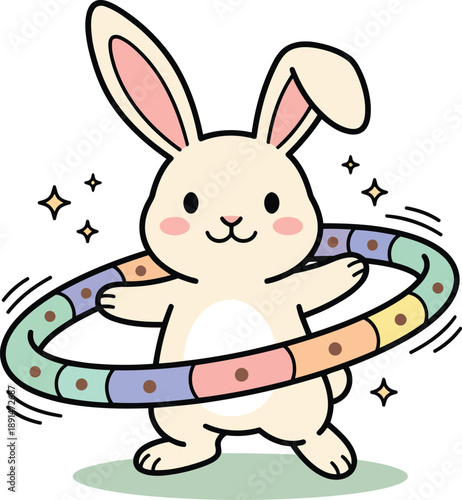Cute Easter Bunny Playing with Hula Hoop Pastel Vector Illustration