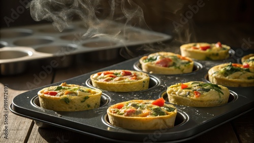 Freshly baked vegetable egg muffins in muffin tin, healthy breakfast meal prep, low carb high protein frittata bites, keto diet snack, steaming egg cups