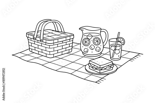 Picnic line art with basket, lemonade, and sandwich on checkered blanket