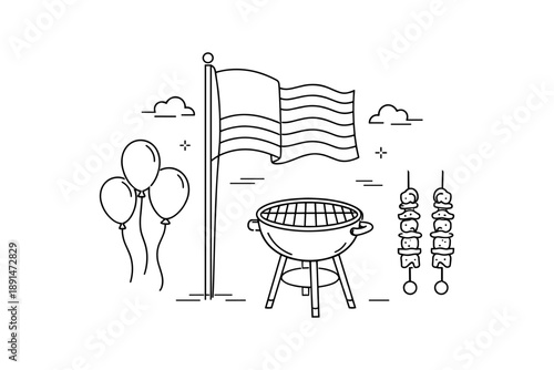Barbecue celebration: usa flag, grill, balloons, and skewers in linear style