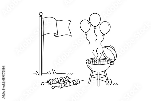 Outdoor barbecue celebration with grill, skewers, and balloons in a simple line art style