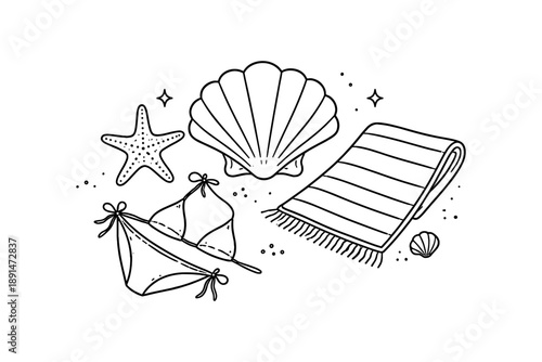 Beach essentials sketch: shells, starfish, bikini, and towel in doodle style
