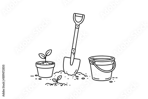 Linear garden tools and plants illustration for eco-friendly design projects