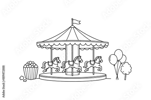 Outline carousel with horses and balloons for coloring pages and kids activities