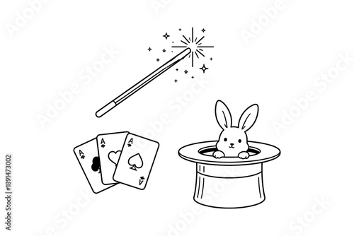 Magical elements in simple line art: wand, cards, and rabbit in hat