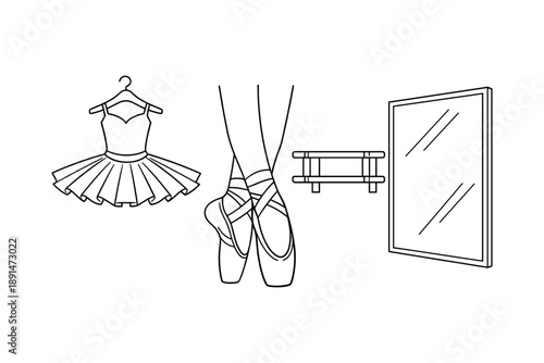 Ballerina essentials: linear art of ballet shoes, tutu, and dance studio mirror