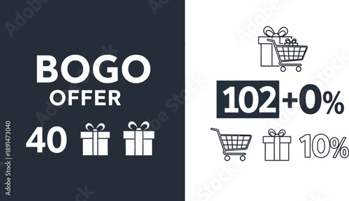 Bold graphic design promoting a significant buy one get one offer featuring prominent percentage discounts and shopping icons for marketing purposes