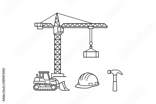 Linear construction icons: crane, bulldozer, hard hat, and hammer