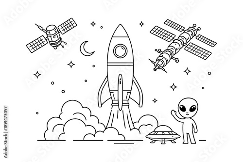 Space adventure: linear rocket launch with alien and satellite in starry sky