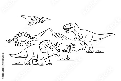 Outline dinosaurs with prehistoric landscape and mountains