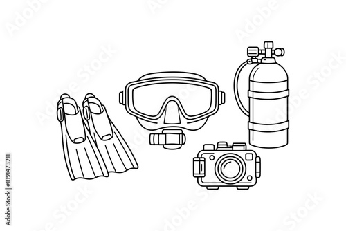 Diving gear set: flippers, mask, camera, tank line art