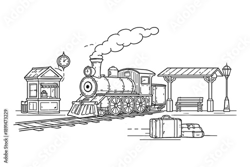 Vintage steam train station scene with luggage and ticket booth in line art style