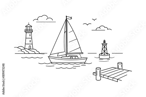 Sailboat journey: nautical linear scene with lighthouse and pier