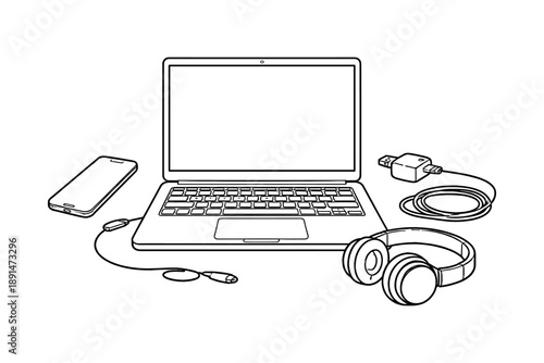 Outline of laptop, smartphone, and headphones with charging accessories