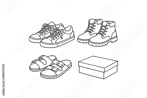 Minimalist linear shoe collection with sneakers, boots, sandals, and box outline