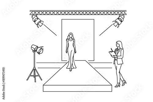 Fashion show runway scene with model walking and event organizer in minimalist outline style