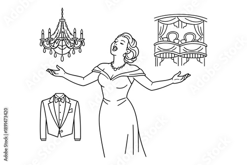 Elegant opera singer with classic chandeliers and balcony in line art style