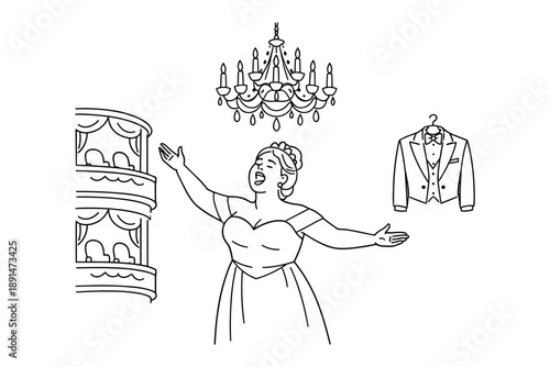 Elegant opera scene with singer, chandelier, and balcony