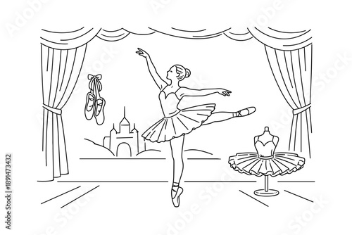 Graceful ballerina performing on stage in elegant dance studio setting