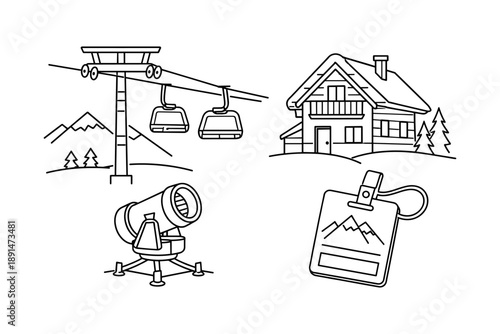 Winter resort elements: cable cars, alpine chalet, snowmaker, and ski pass badge