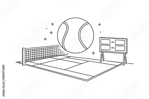 Minimalist tennis court scene with giant ball and scoreboard