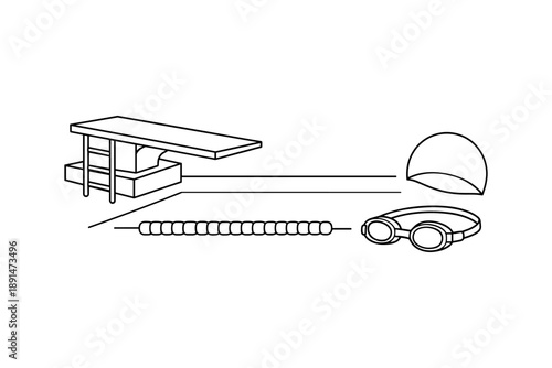 Linear swimming elements: diving board, lane line, swim cap, goggles
