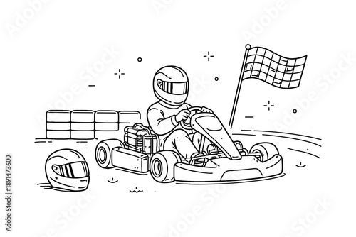 Minimalistic karting adventure: racer on track beside helmet and checkered flag