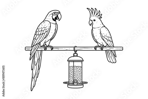 Birds on perch with feeder in black and white linear design