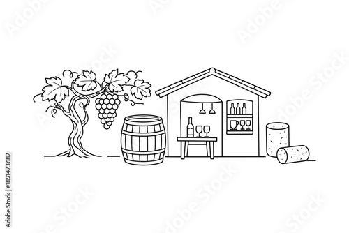 Winery elements outline: grapevine, barrel, and wine cellar scene