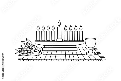 Simple black line drawing of kinara candle holder with maize and cup