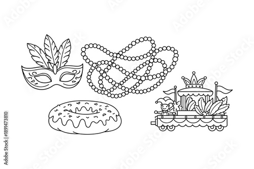 Festive mardi gras icons: mask, beads, doughnut, and parade